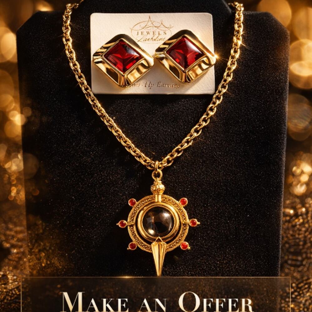 VTG Park Lane Sunburst Cabochon Necklace & Red Cabochon Clip Earrings NEW